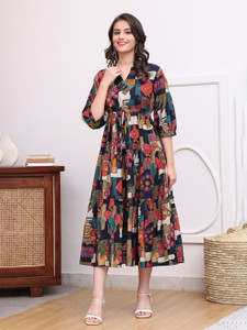 Shivadream Women Fit and Flare Black Midi/Calf Length Dress