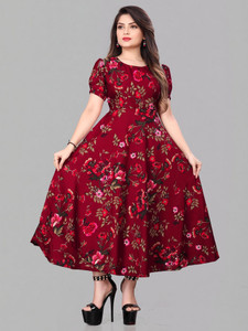 BENIXA TEXTILE Women Fit and Flare Maroon Maxi/Full Length Dress