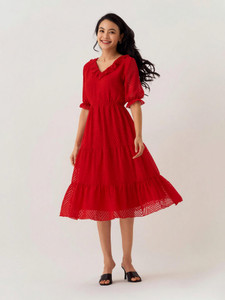 AASK Women Fit and Flare Red Below Knee Dress