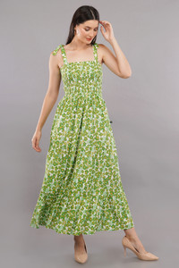 shruthi Women A-line Green, White, Yellow Maxi/Full Length Dress