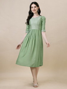Sintona's Brand Women Ethnic Dress Light Green, Silver Midi/Calf Length Dress
