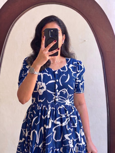 ZUST SIYA Women Fit and Flare White, Blue Midi/Calf Length Dress