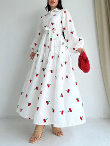 SIRROWFAB Women Fit and Flare White, Red Maxi/Full Length Dress