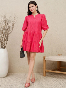 ZUMMER Women Drop Waist Pink Above Knee/Mid Thigh Length Dress