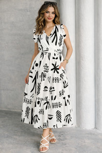 Chaukas Women Fit and Flare White, Black Below Knee Dress