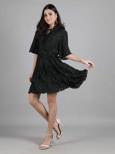 DRAPE AND DAZZLE Women A-line Black Above Knee/Mid Thigh Length Dress