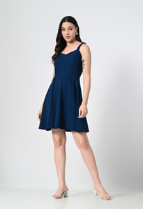 OWL MINK Women Fit and Flare Blue Knee Length Dress