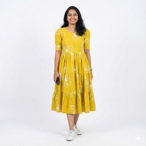 hbkart Women Fit and Flare Yellow, White Knee Length Dress