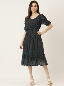 Wisstler Women Gathered Dark Blue Midi/Calf Length Dress