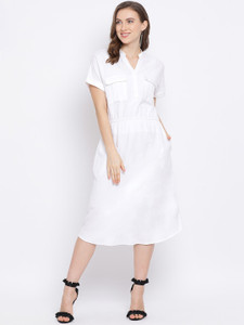 OXOLLOXO Women A-line White Below Knee Dress