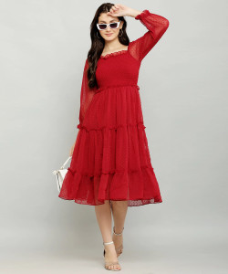 SRS Women Fit and Flare Red Below Knee Dress