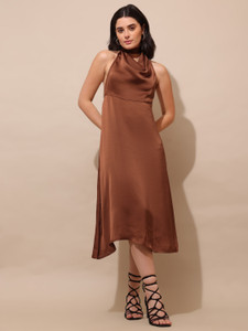 PURVAJA Women Fit and Flare Brown Midi/Calf Length Dress