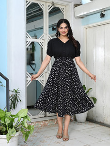 sadhnazon Women Fit and Flare White, Black Midi/Calf Length Dress