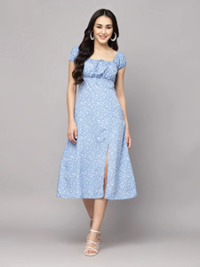 Herway Women A-line Blue Midi/Calf Length Dress