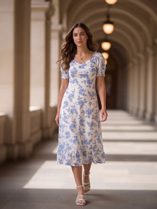 AAYU Women A-line White, Light Blue, Grey Midi/Calf Length Dress