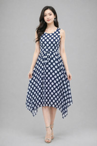 Freehand Women Fit and Flare Blue, White Above Knee/Mid Thigh Length Dress