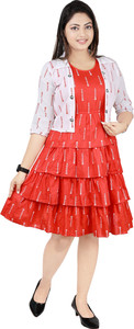 NM Dresses Women A-line White, Red Knee Length Dress