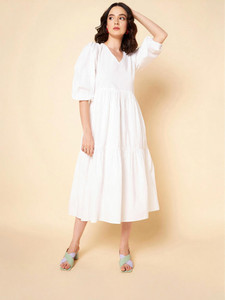 High Star Women Fit and Flare White Midi/Calf Length Dress