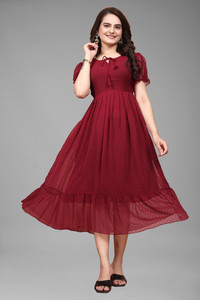 Bhadani Women Fit and Flare Red Below Knee Dress