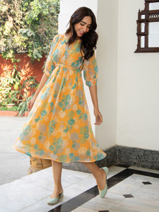 Janasya Women Fit and Flare Multicolor Below Knee Dress