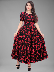 OZEX Women Fit and Flare Red, Black Maxi/Full Length Dress