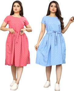 NEW ETHNIC FASHION Women A-line Pink, Blue Knee Length Dress
