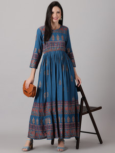 PURSHOTTAM WALA Women Fit and Flare Dark Blue Ankle Length Dress