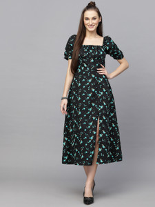 AAYU Women A-line Black, Green Midi/Calf Length Dress