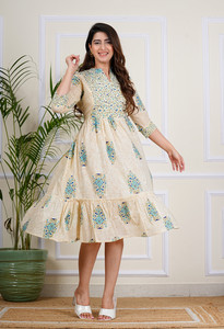 Fashion Unstoppable Women Fit and Flare Beige Midi/Calf Length Dress
