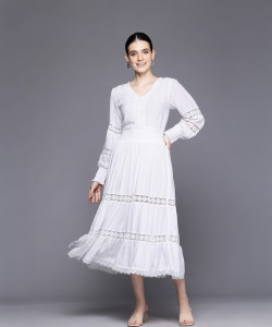 Dream Tree Women Fit and Flare White Midi/Calf Length Dress