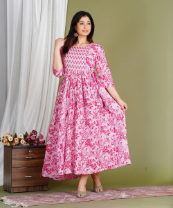Gujari Women Fit and Flare Pink Midi/Calf Length Dress