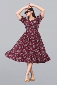 Ann Springs Women Fit and Flare Maroon Midi/Calf Length Dress