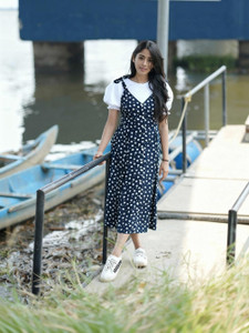 VASTRA MALL Women Fit and Flare Black, White Below Knee Dress