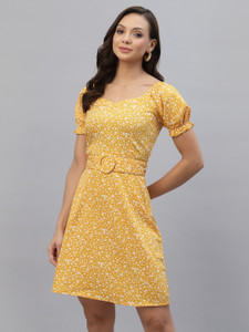 AAYU Women A-line Yellow Above Knee/Mid Thigh Length Dress