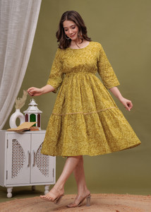 HouseOfCommon Women Fit and Flare Yellow Knee Length Dress