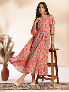 Janasya Women Fit and Flare Multicolor Below Knee Dress
