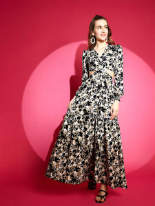 Honky Tonky Women Fit and Flare Grey, Black, White Maxi/Full Length Dress