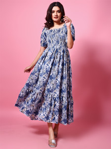 Deklook Women Fit and Flare Blue, White Maxi/Full Length Dress