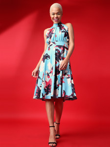 PURVAJA Women Fit and Flare Blue Knee Length Dress