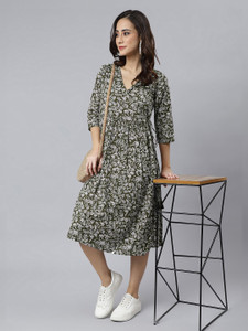 Janasya Women Wrap Green Midi/Calf Length Dress