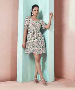 Selvia Women Fit and Flare White, Multicolor Knee Length Dress