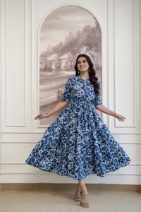 FebQ Women Fit and Flare Blue Below Knee Dress