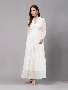 AAYU Women Fit and Flare White Maxi/Full Length Dress