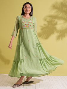 Globus Women A-line Green Maxi/Full Length Dress