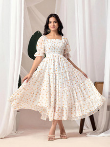 Dream Tree Women Fit and Flare White Maxi/Full Length Dress