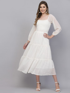 AAYU Women Fit and Flare White Maxi/Full Length Dress