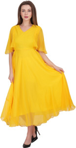 MUZUN Women A-line Yellow Maxi/Full Length Dress