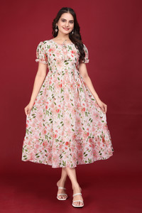 Qena Women Fit and Flare Multicolor, White Midi/Calf Length Dress