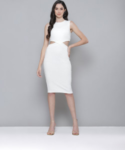 SASSAFRAS Women Bodycon White Knee Length Dress