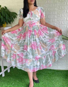 Aabhilasha Women Fit and Flare White, Pink Midi/Calf Length Dress